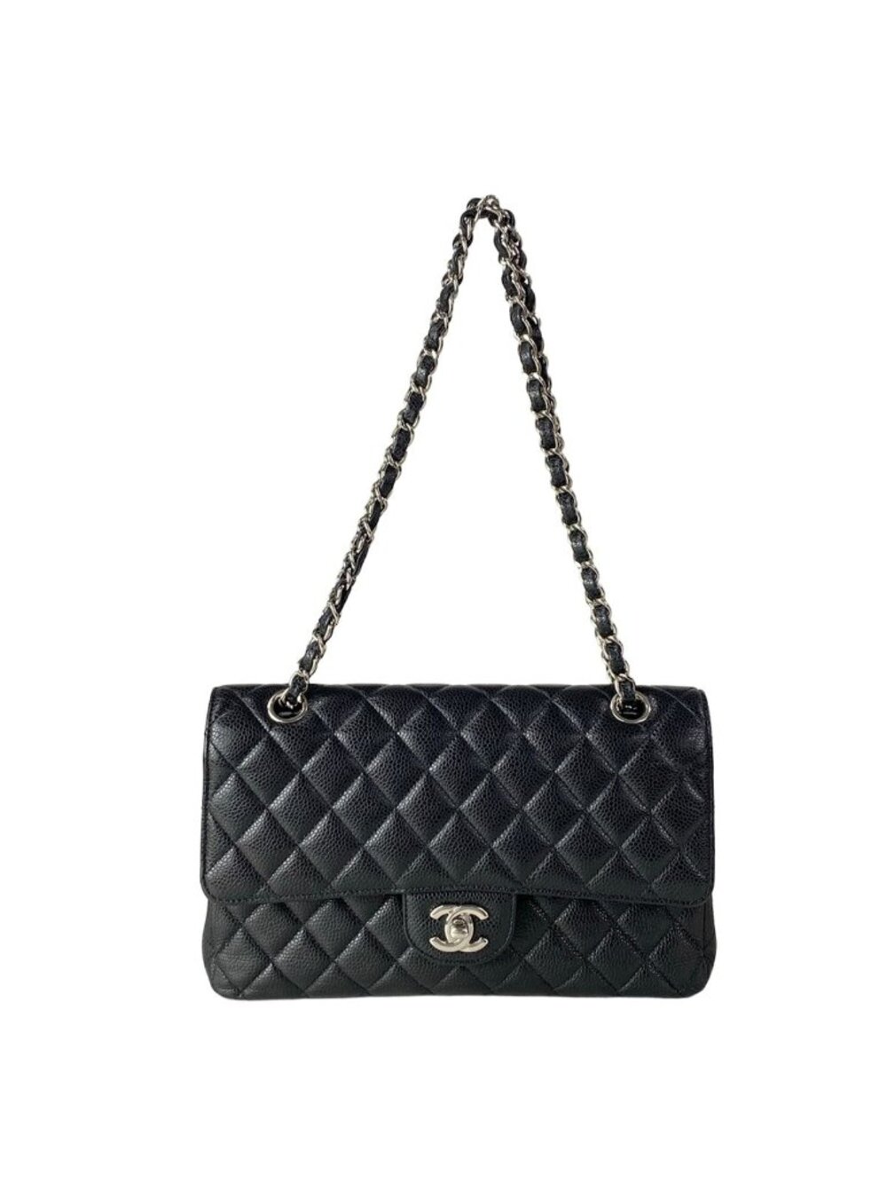 Chanel Shoulder Bag Double Flap Quilted Black Chain Silver